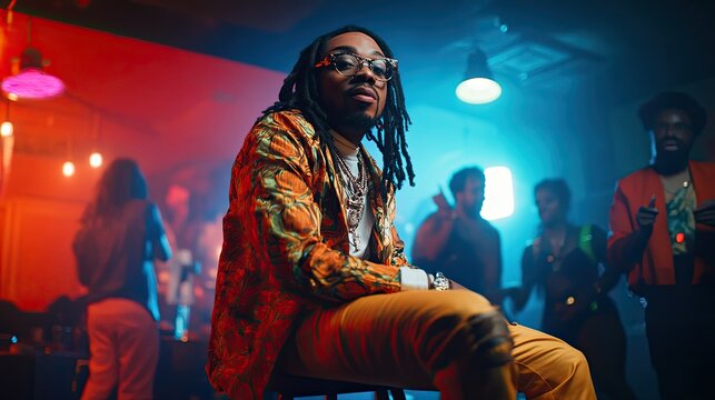 Nightclub Scene: A Man with Dreadlocks in a Vibrant Jacket Sits, Surrounded by a Blurred Crowd Under Colorful Lighting