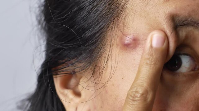 Close up of woman with acne on face. Woman showing big acne on her face.