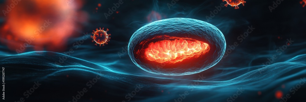 Fototapete magnified human cell under attack by virus in a dynamic and hostile environment. generative ai
