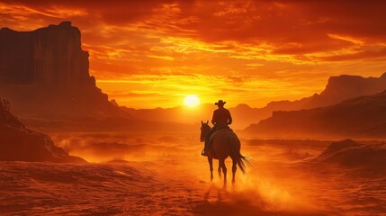 Lone Cowboy Rides Through Vast Desert During a Stunning Sunset in a Breathtaking Landscape