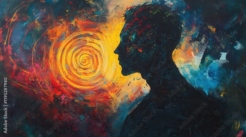 Aufkleber Vibrant profile of a man glowing with swirling colors at dusk in an abstract style