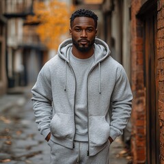 Fototapeta premium Stylish Man in Grey Zip-Up Hoodie Posing in Urban Alleyway
