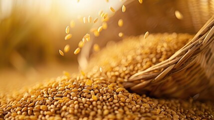 Golden Wheat Grain Falling from Basket in Sunlit Field