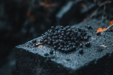 Fototapeta premium Black peppercorns on block in moody setting