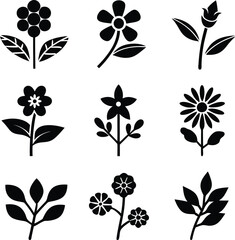 Nine Simple Black Floral Icons Botanical, Plant, Flower, Designs