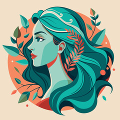 Art Nouveau Profile Portrait of Nature Goddess with Flowing Green Hair and Golden Leaves Crown