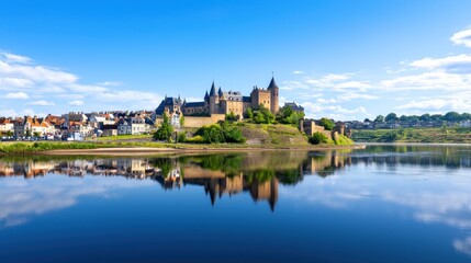 Obraz premium Scenic view of a castle reflecting in a calm river under blue skies.