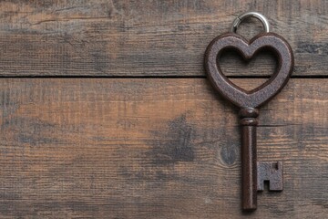 Heart shaped key laying on rustic wooden background with copy space