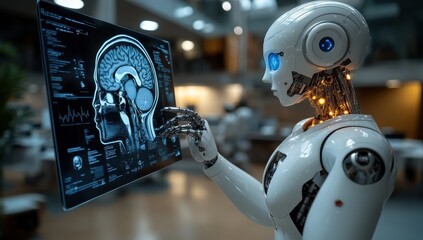 Fototapeta premium AI Diagnostician: A futuristic humanoid robot meticulously examines a detailed brain scan on a digital tablet, showcasing advanced medical technology and the potential of AI in healthcare. 