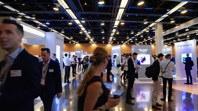 Conference attendees are networking and exploring new technologies at a bustling industry event filled with booths, presentations, and engaging discussions. concept exhibition