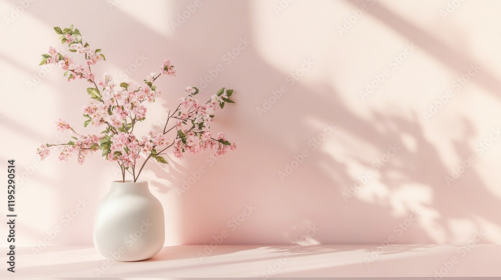 Poster delicate cherry blossom branch in a white vase against a soft pale pink background with subtle shado