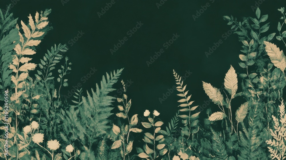 Poster lush greenery against a deep forest green backdrop creates a serene and natural ambiance in a botani