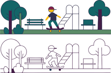 Skateboarding Boy in Park Playground, Trees, Bench, Recreation, Fun, Activity, Outdoor, Summer, Simp