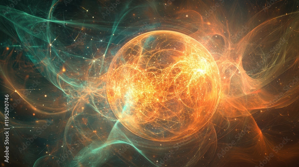 Fototapete Glowing digital globe surrounded by flowing lines and luminous points set in a cosmic background. Generative AI