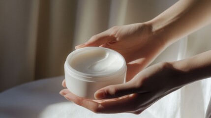 Close-up of hands holding a jar of cream in a soft minimalist setting with natural light