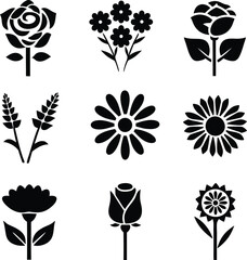 Floral Icons Roses, Sunflowers, Daisies, and Lavender Silhouettes