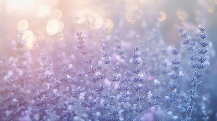 Lavender fields under soft sunlight create a serene bokeh effect during a peaceful morning