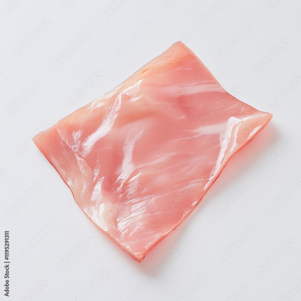 Poster delicate pink slice of ham laid on white surface showcasing its translucent texture and rich color