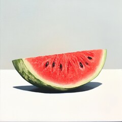 Juicy watermelon slice placed on a light surface with vibrant red fruit and green rind attracting the summer sun
