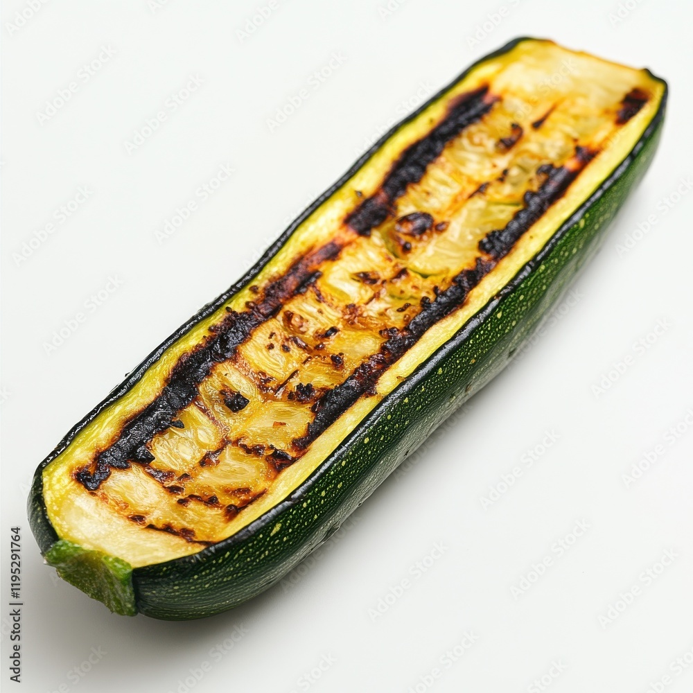 Poster grilled zucchini slice showcasing charred edges and tender texture on a white background
