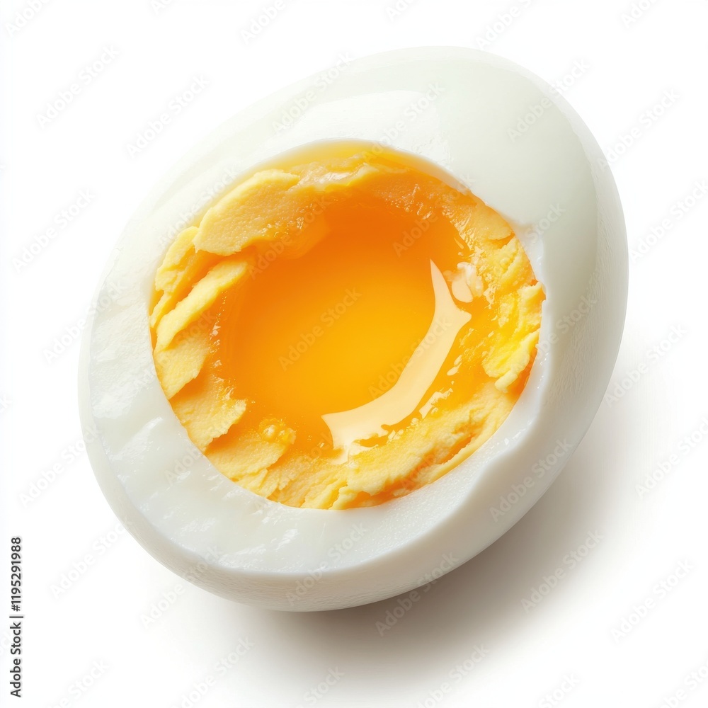 Poster smooth, creamy boiled egg with shell removed for breakfast or snack enjoyment on a clean white surfa