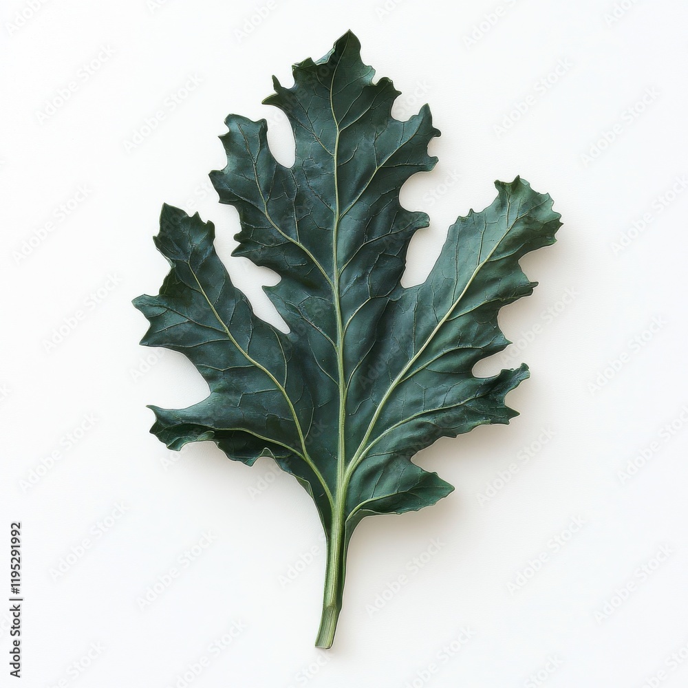 Poster dark green kale leaf with intricate ruffles showcasing its vibrant color and texture against a minim