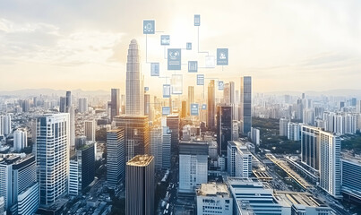 Stunning cityscape at sunset, showcasing modern skyscrapers interconnected by digital network icons, representing technological advancement and urban development.