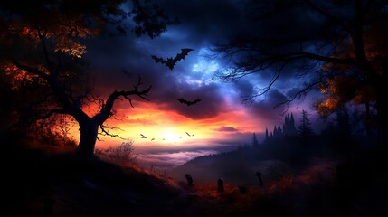 Naklejka premium Spooky Halloween Night Landscape with Bats and Castle