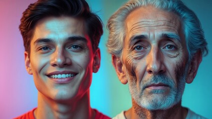 Young man and older man side by side, illustrating the passage of time with contrasting expressions