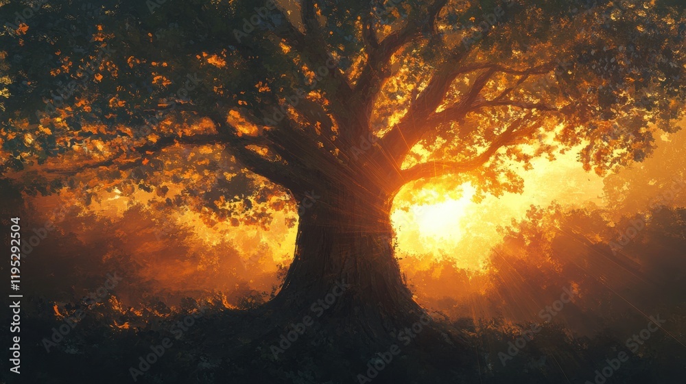 Aufkleber serene silhouette of a glowing tree at sunset in a tranquil natural setting