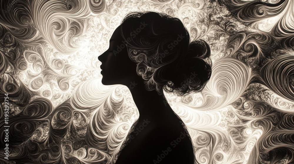 Poster portrait of a serene woman with glowing silhouette surrounded by swirling patterns in soft light