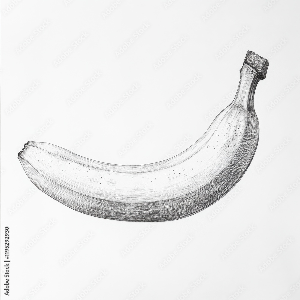Poster curved ripe banana drawn in black and white showcasing its distinct shape and texture