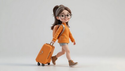 Cute Girl Traveling with Suitcase 3d Render