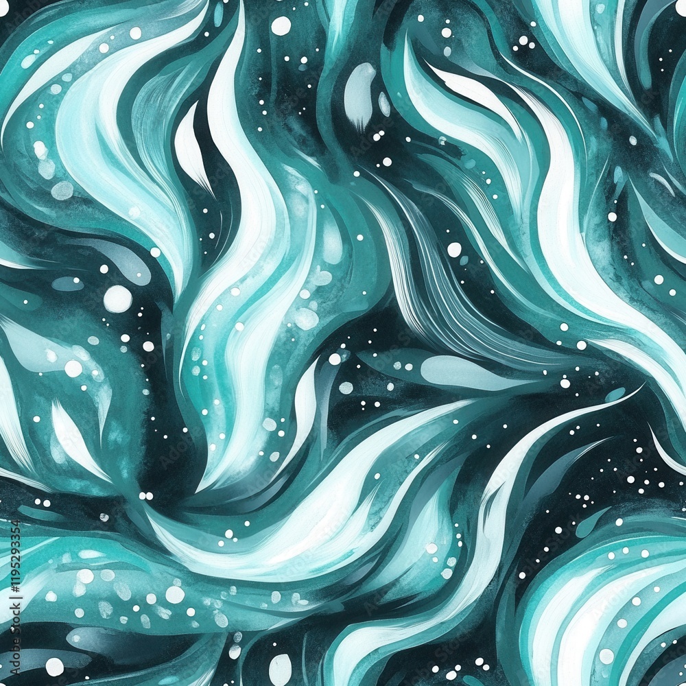 Poster vibrant watercolor doodle with swirling patterns and shades of teal and white in an abstract style