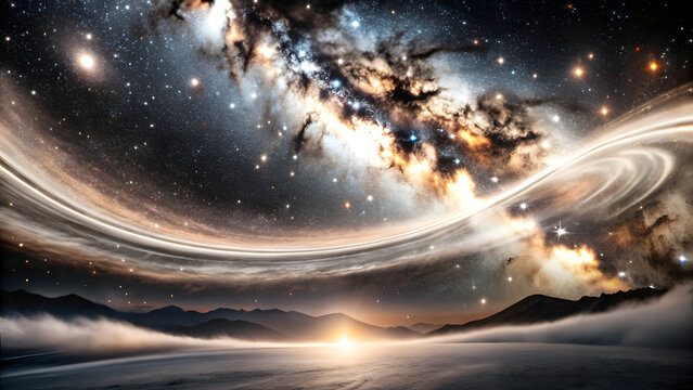 Curved Light Mist Flowing Across Starry Sky with Milky Way. Perfect for: Star Gazing Events, Inspirational Gatherings, Cosmic-Themed Festivals