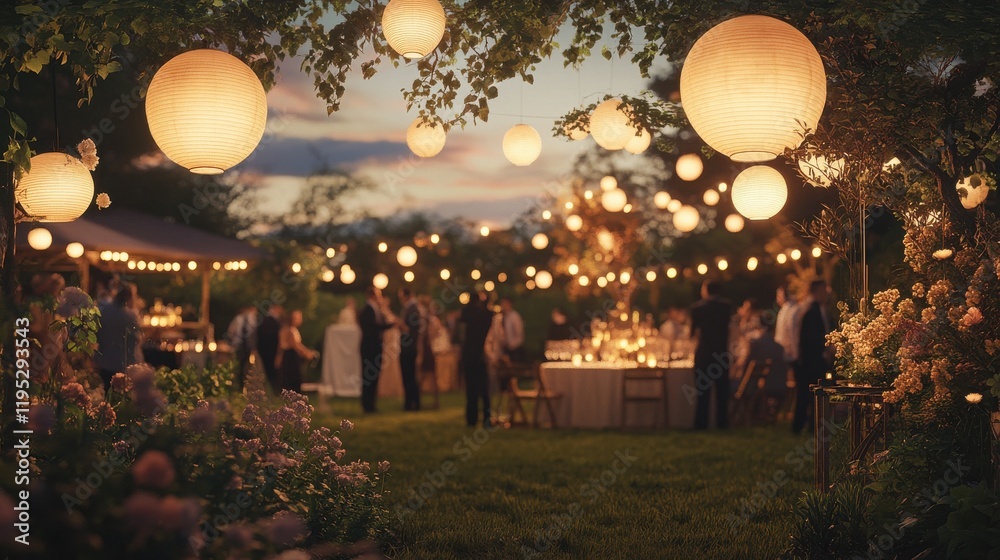 Poster elegant garden party illuminated by lanterns at twilight with guests mingling in a picturesque setti