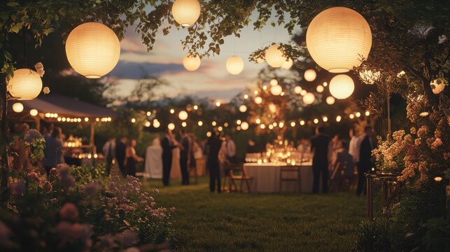 Elegant garden party illuminated by lanterns at twilight with guests mingling in a picturesque setting