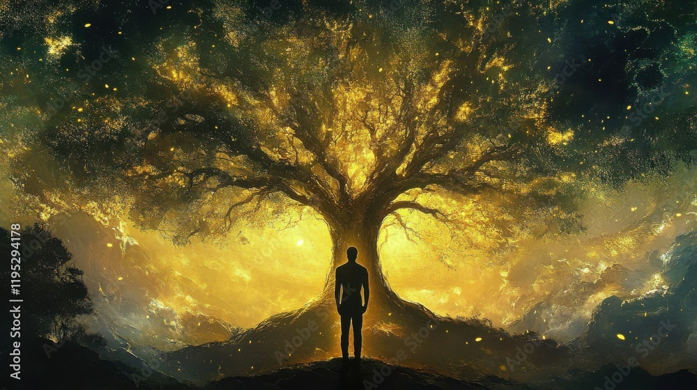 Aufkleber silhouette of a man standing before a luminous tree in an enchanting cosmic landscape during twiligh