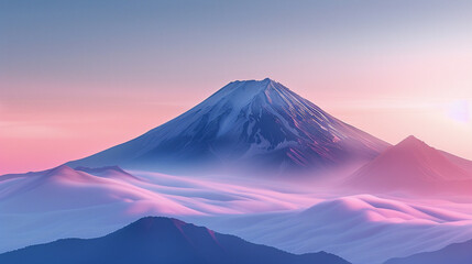 A mountain peak surrounded by mist at sunrise, with the top of the image clear for text placement against the soft gradient sky