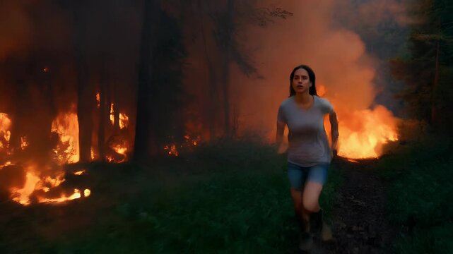Running through flames in a dramatic escape from a wildfire in a dense forest