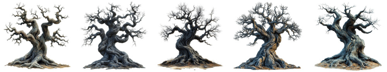Olive tree series depicting detailed gnarled trunks and twisting branches variations