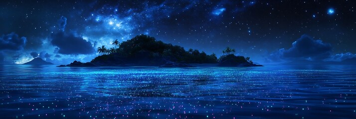 A tropical island lagoon with luminescent plankton glowing under a starlit night sky