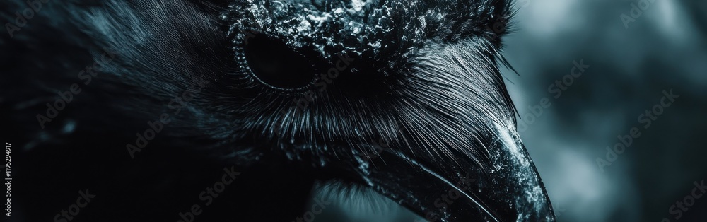 Poster close-up view of a crow's face revealing intricate details of feathers and features in natural light