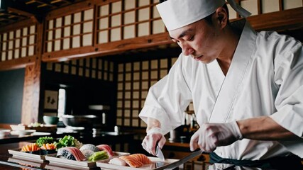 Professional sushi chef cutting fresh salmon on wooden board, preparing nigiri and sashimi in traditional japanese restaurant kitchen, highlighting culinary precision. Concept japanese sushi cook food