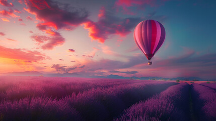 Fototapeta premium A surreal portrayal of a hot air balloon floating above a lavender field at sunset, offering a picturesque scene with ample text space