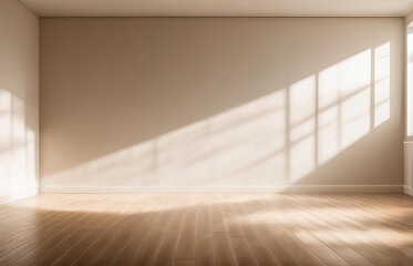 A minimalist interior design of an empty room with a large window. The room features a light beige wall and a warm wooden floor. Natural light streams through the window