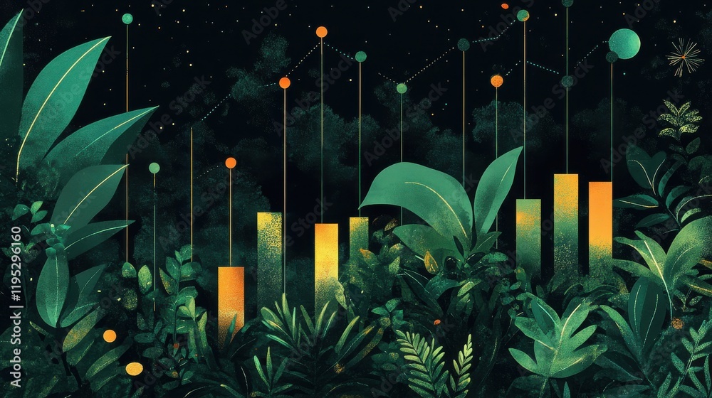Leinwandbilder financial data visualized through vibrant greenery and organic shapes in a dynamic fusion of nature 