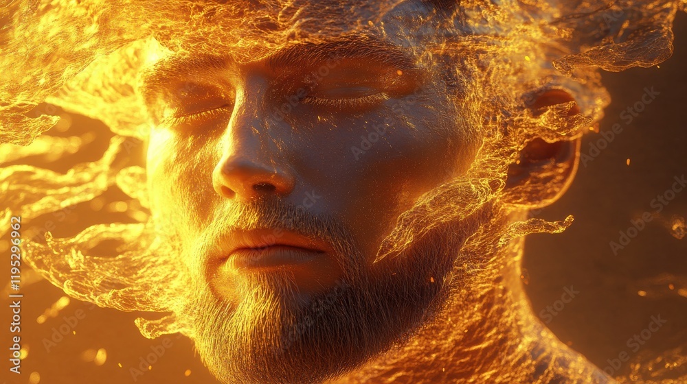 Poster conceptual visualization of a man's face surrounded by vibrant energy and abstract elements in a dra