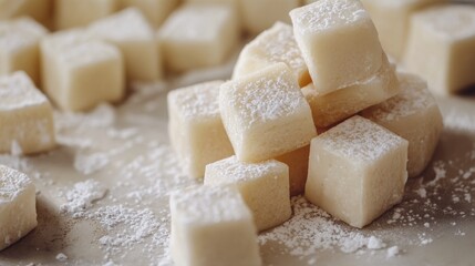 Close-up of raw sugar cubes on a surface, ready to be used in various culinary applications.
