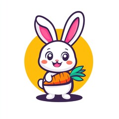 Fototapeta premium Cute bunny holding carrot, happy, isolated, yellow background, children's book illustration